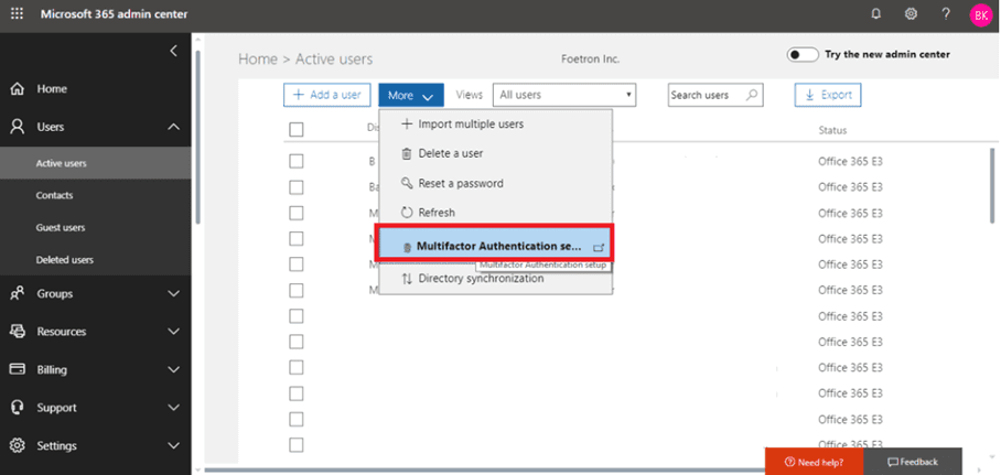 Set up multi-factor authentication in Microsoft 365 admin center