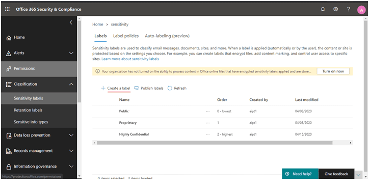 Azure Information Protection pane in protection portal